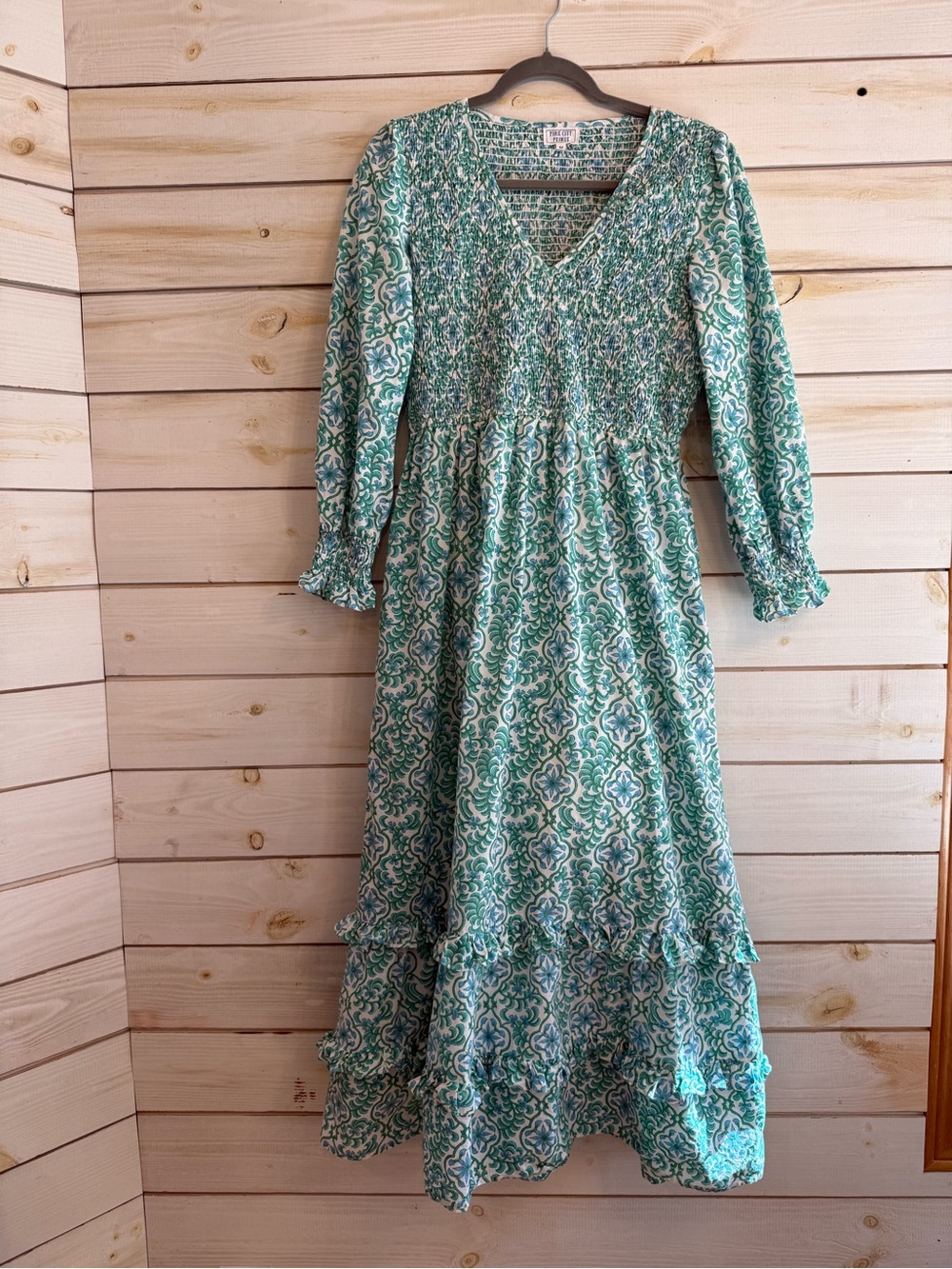 V-Neck Green Patterned Maxi Dress with Smocked Bodice